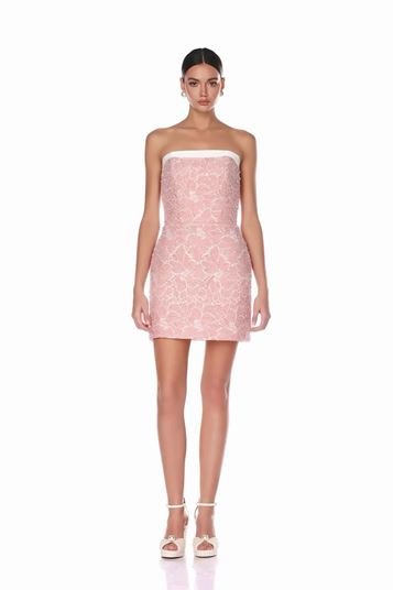 Mini abito da sera rosa con ricami floreali